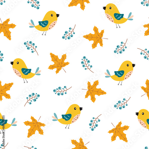 autumn seamless pattern with cute bird and leaves
