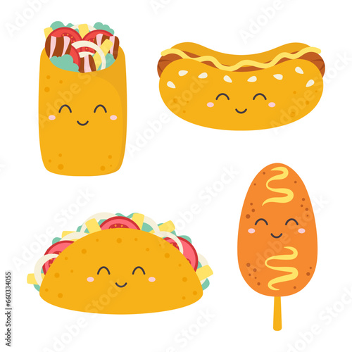vector illustration of cartoon kawaii fast food
