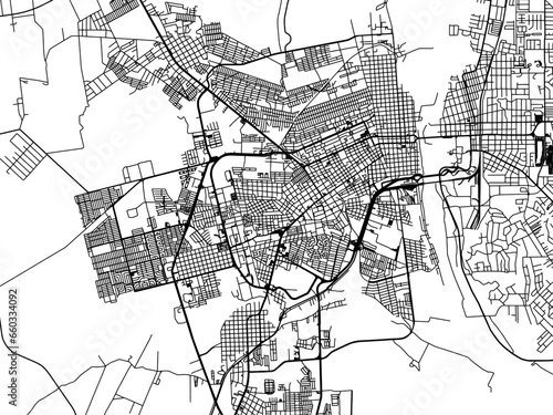 Vector road map of the city of  Piedras Negras in Mexico with black roads on a white background.