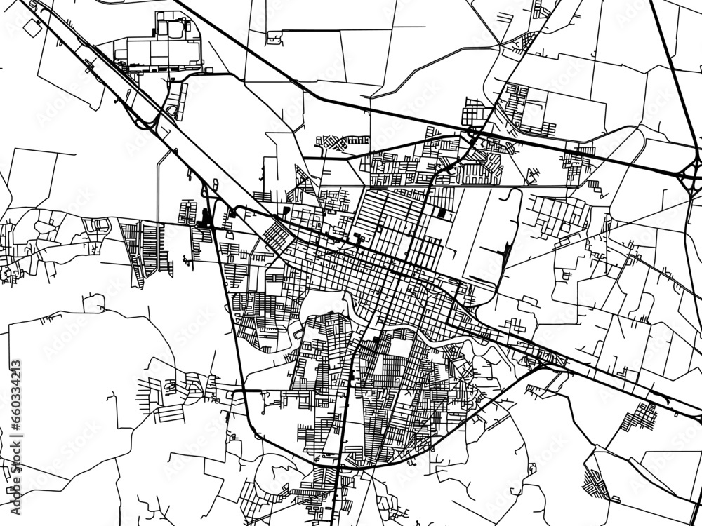 Naklejka premium Vector road map of the city of Salamanca in Mexico with black roads on a white background.