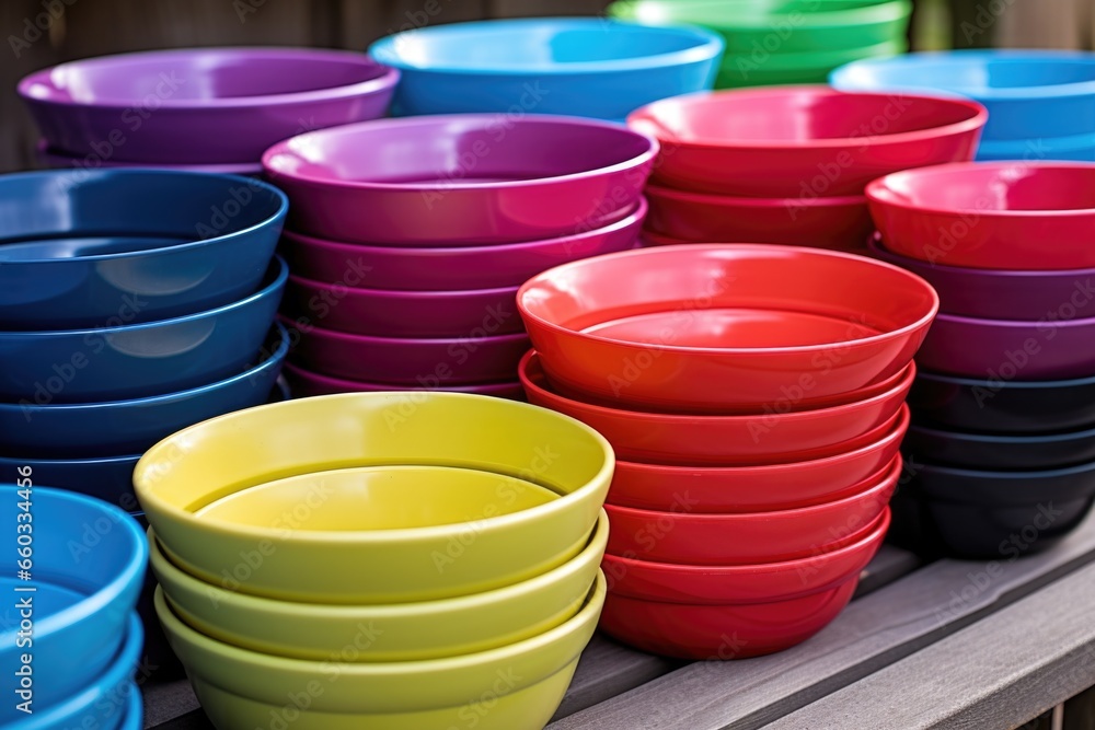 stacked plastic wash-basins in different colors stacked plastic wash-basins in different colors