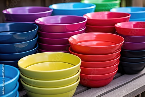 stacked plastic wash-basins in different colors