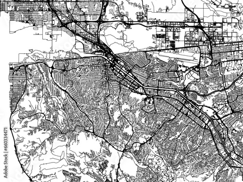 Vector road map of the city of  Tijuana in Mexico with black roads on a white background.