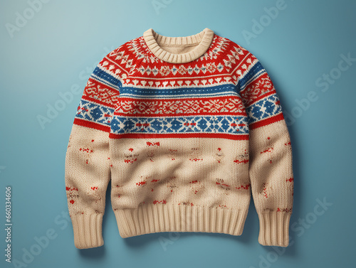 on blue background woolen sweater with ornament. international ugly sweater day concept