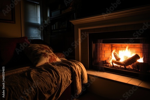 a lit fireplace adding shadow and light in a room
