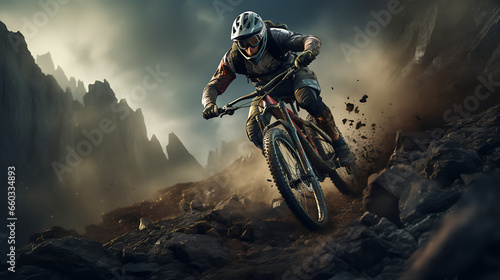 Man on Mountain Bike Racing Down a Rocky Path © L