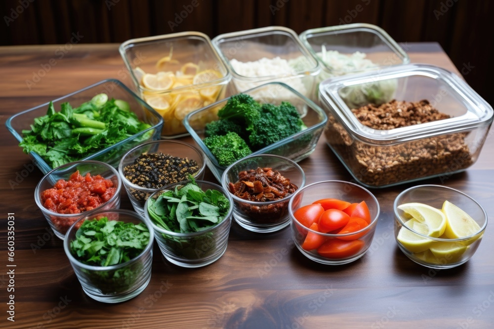 pre-portioned vegan meals in clear containers on wooden table pre-portioned vegan meals in clear containers on wooden table