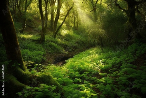 lush woodland illuminated by emerald glow. Generative AI © Xiomara