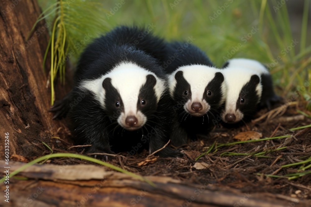 skunk mother with her cubs following skunk mother with her cubs following