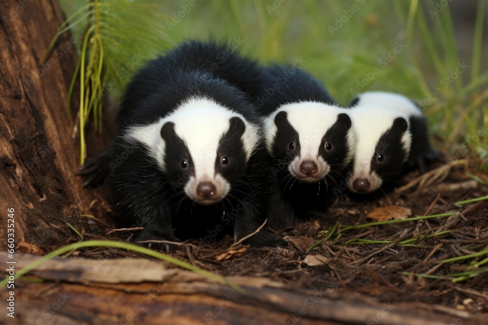 skunk mother with her cubs following