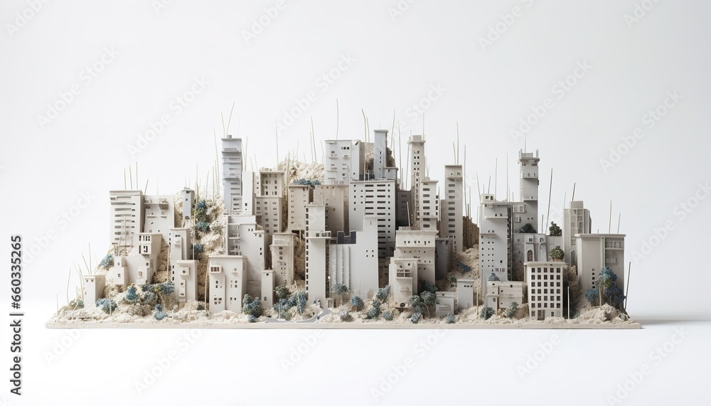 Fototapeta premium Miniature of a white brutalist island city, skyline, white background, brutalist architecture. Generative AI