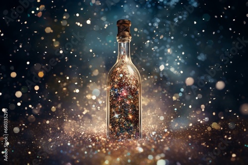 a sparkling bottle among shiny confetti on a muted backdrop. Generative AI