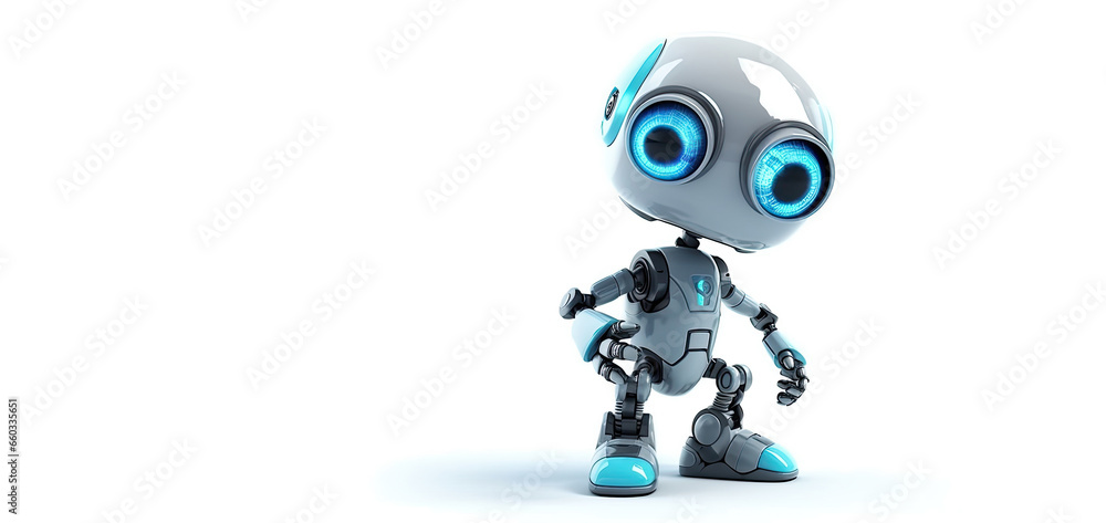 cute mini robot pointing finger at copy space on white isolated background. Cartoon funny character. Generative AI illustration cute mini robot pointing finger at copy space on white isolated background. Cartoon funny character. Generative AI illustration