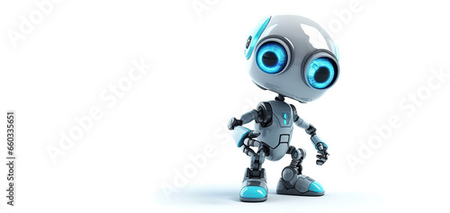 cute mini robot pointing finger at copy space on white isolated background. Cartoon funny character. Generative AI illustration