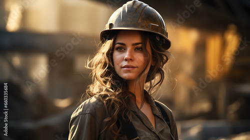 Woman in Construction Attire at a Building Site
