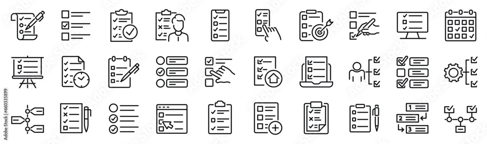 Set of 30 outline icons related to checklist, plan, task, to do list. Linear icon collection. Editable stroke. Vector illustration Set of 30 outline icons related to checklist, plan, task, to do list. Linear icon collection. Editable stroke. Vector illustration
