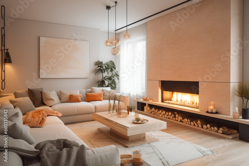 Modern living room interior desing with fireplace. Pastel pink colors