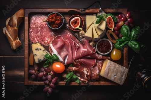 Italian Meat Platter Prosciutto, charcuterie top view, keto snack, generative ai