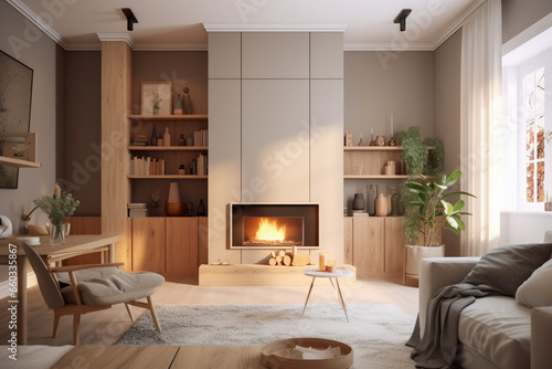 Wallpaper Mural Modern living room interior desing with fireplace. Pastel pink colors Torontodigital.ca