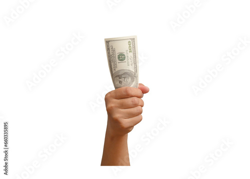 Money and Finance concept. Close-up of hand holding US dollar bills against a transparent background.