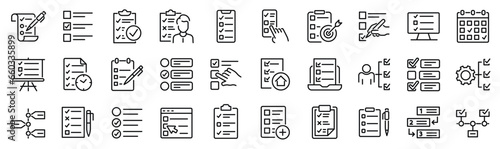 Set of 30 outline icons related to checklist, plan, task, to do list. Linear icon collection. Editable stroke. Vector illustration