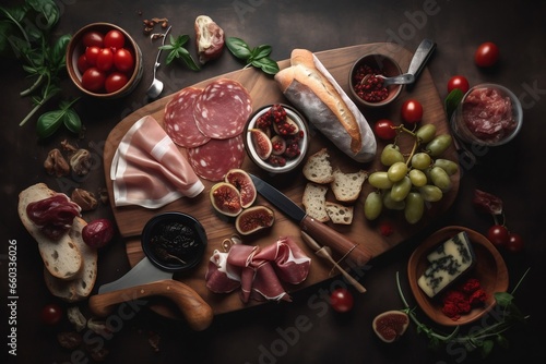 Italian Meat Platter Prosciutto, charcuterie top view, keto snack, generative ai