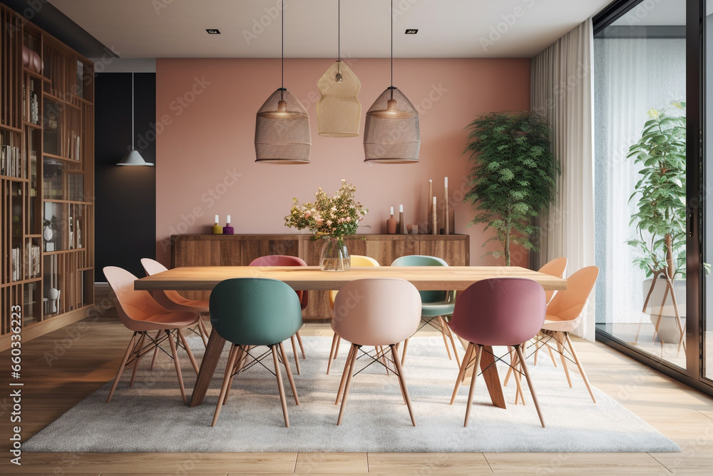Modern kitchen interior design, pink pastel colors - obrazy, fototapety, plakaty 