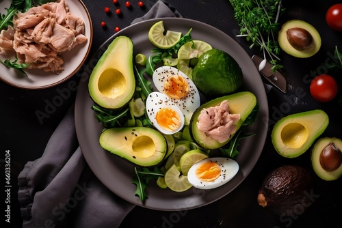 Ketogenic low carbs diet plate, top view, generative ai