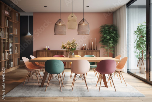 Modern kitchen interior design, pink pastel colors photo