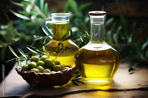 olive oil in a glass bottle with fresh olives nearby