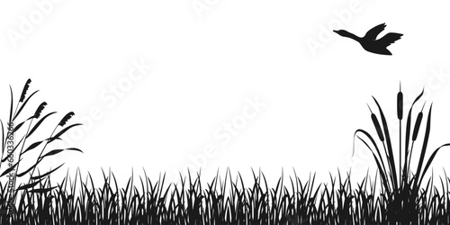 Silhouette of grass with reeds and flying duck. Wetlands vector illustration. Dark background on theme of hunting