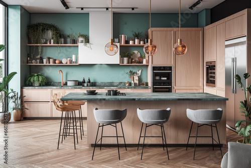 Modern kitchen interior design, pink pastel colors