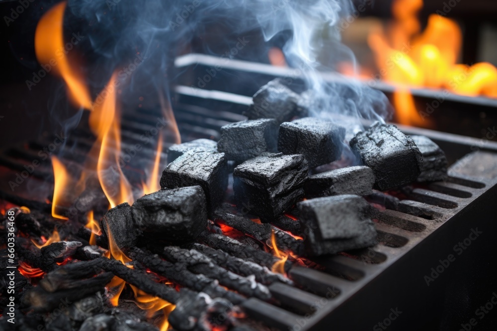 charcoal briquettes igniting in a barbecue