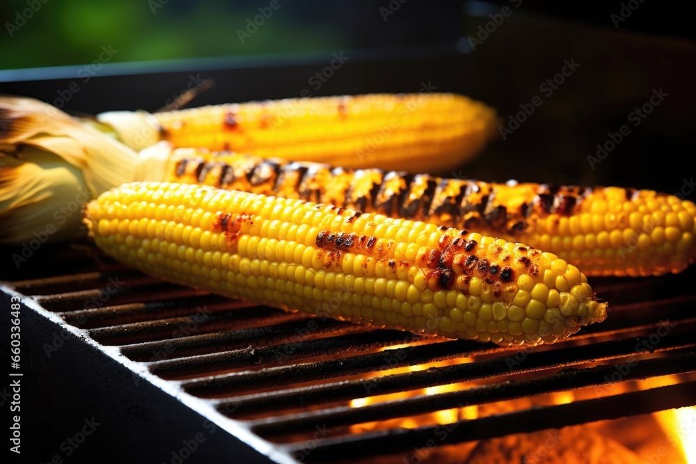 fresh corn grilling on a barbecue fresh corn grilling on a barbecue