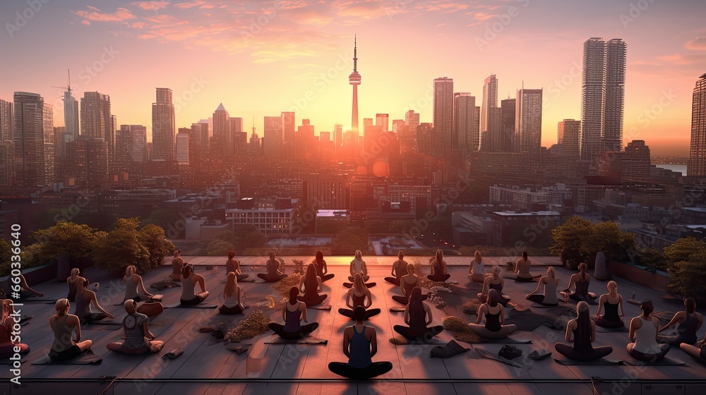 Fototapeta premium A rooftop yoga class in the heart of the city ultra realistic illustration - Generative AI.