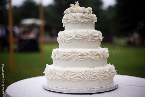 a tiered wedding cake with white icing and decorations