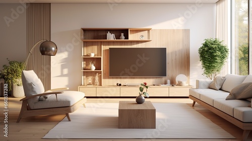 Wooden tv unit in spacious room. Scandinavian home interior design of modern living room © LELISAT