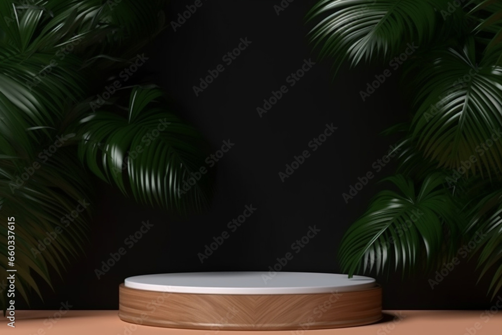 Minimal podium mockup display for product presentation with tropical palm leaves 3d