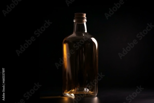Alcoholic beverage container standing alone on a dark background. Generative AI