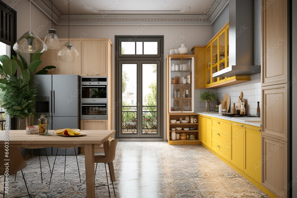 Obraz premium Modern kitchen interior design, yellow and grey colors