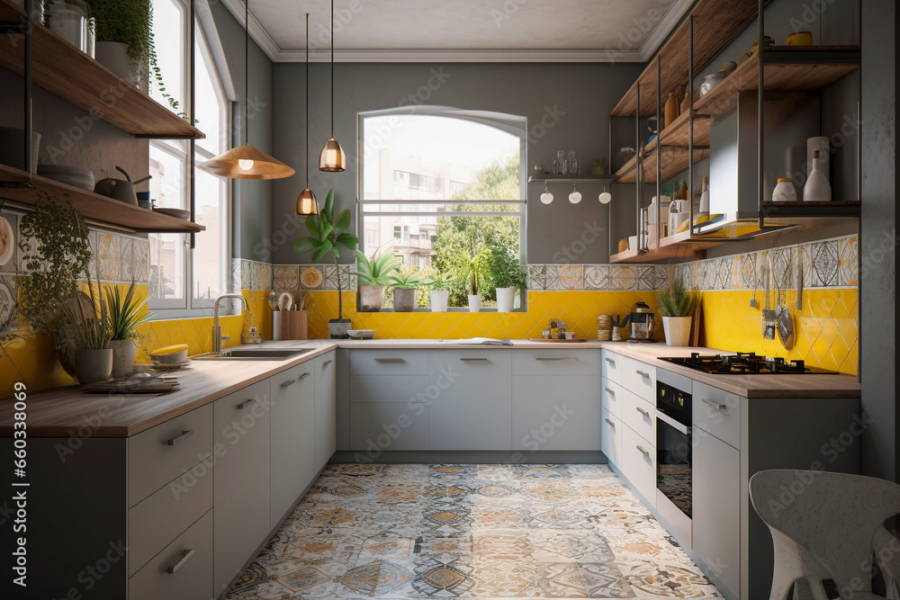 Modern kitchen interior design, yellow and grey colors
