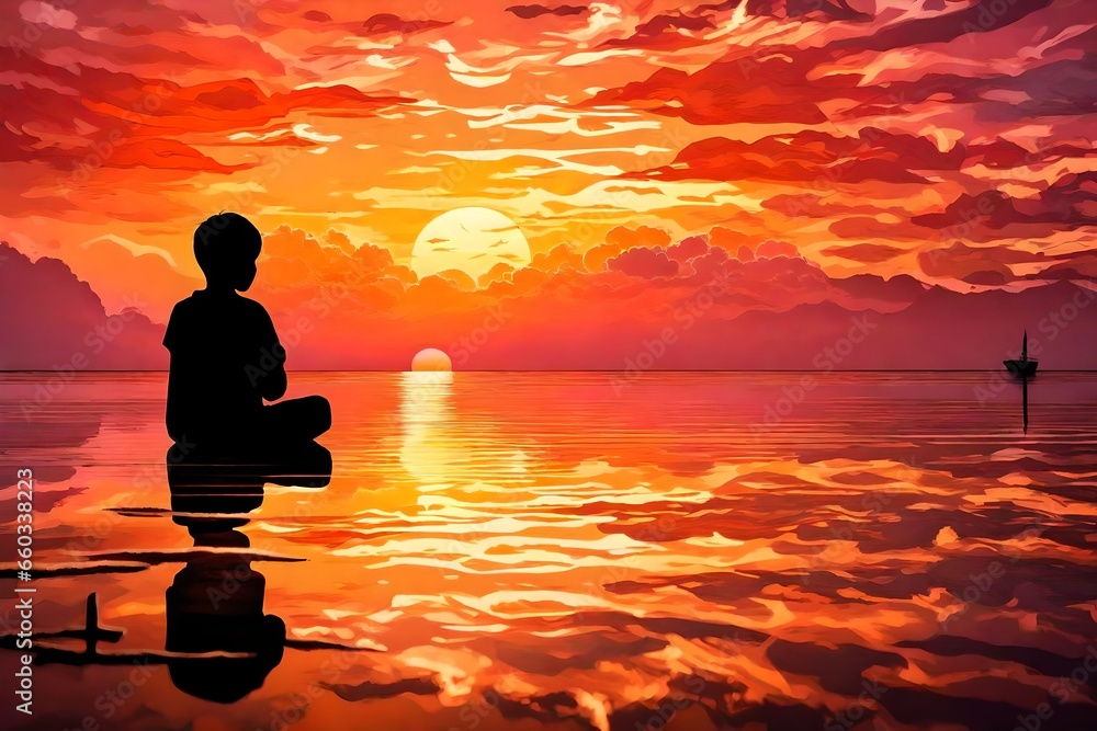 The silhouette of a young boy stands in a posture of prayer and adoration against the backdrop of a breathtaking sunset over the sea. The golden hues of the sun's descent cast a warm glow on the water