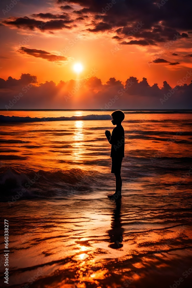 The silhouette of a young boy stands in a posture of prayer and adoration against the backdrop of a breathtaking sunset over the sea. The golden hues of the sun's descent cast a warm glow on the water The silhouette of a young boy stands in a posture of prayer and adoration against the backdrop of a breathtaking sunset over the sea. The golden hues of the sun's descent cast a warm glow on the water