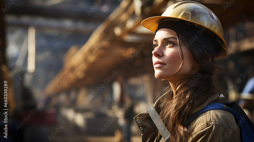 Woman in Construction Attire at a Building Site Woman in Construction Attire at a Building Site