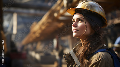 Woman in Construction Attire at a Building Site © L