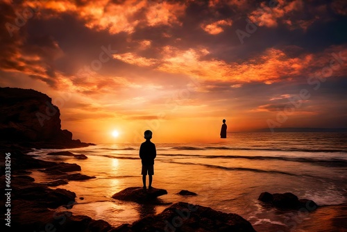 The silhouette of a young boy stands in a posture of prayer and adoration against the backdrop of a breathtaking sunset over the sea. The golden hues of the sun's descent cast a warm glow on the water