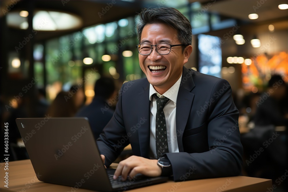 パソコンに向かって笑う日本人の男性ビジネスマンのポートレート写真（サラリーマン・スーツ・若手）