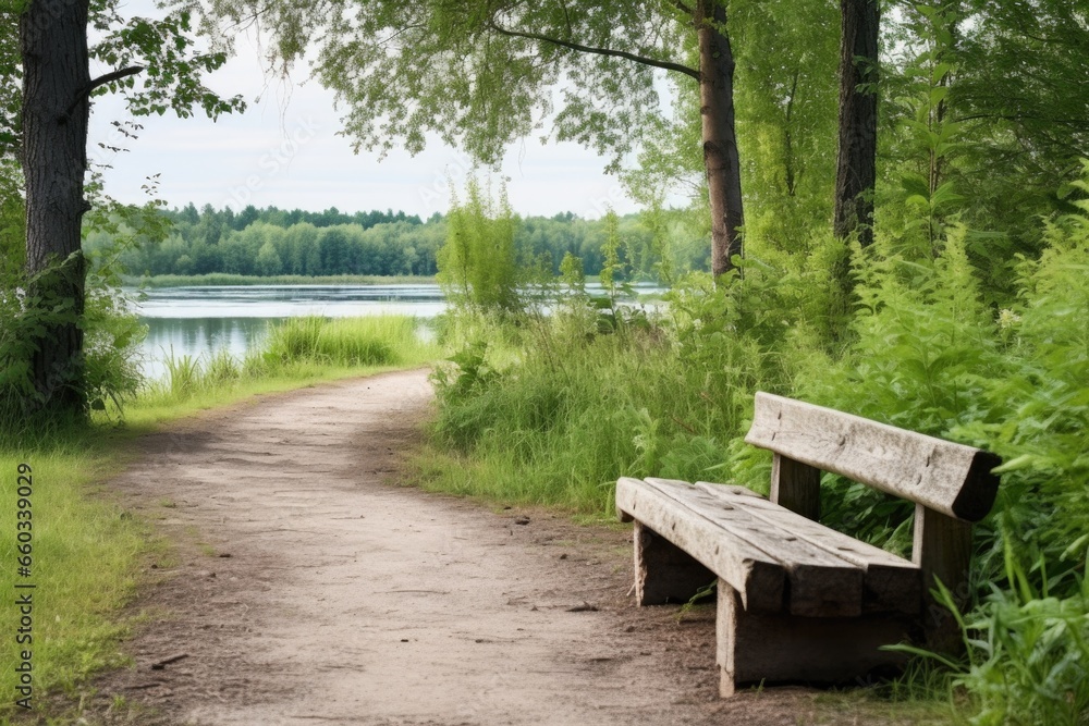 rustic wooden benches along a lakeside path rustic wooden benches along a lakeside path