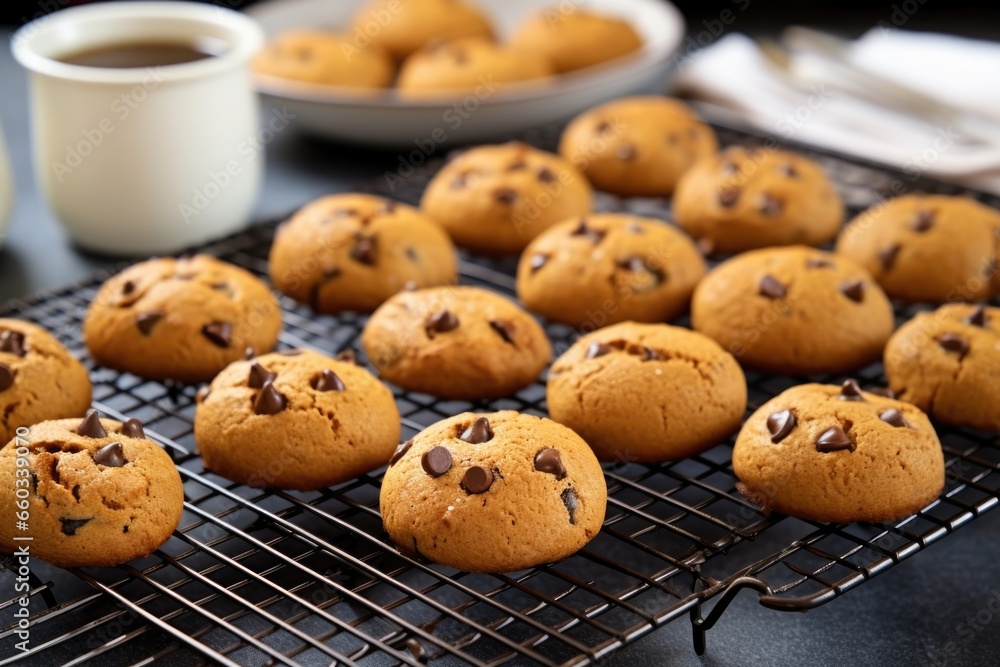 tray of homemade chocolate chip cookies cooling on a wire rack tray of homemade chocolate chip cookies cooling on a wire rack