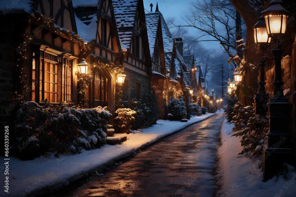 Houses with Christmas decorations and lights on a snowy street. Copy space